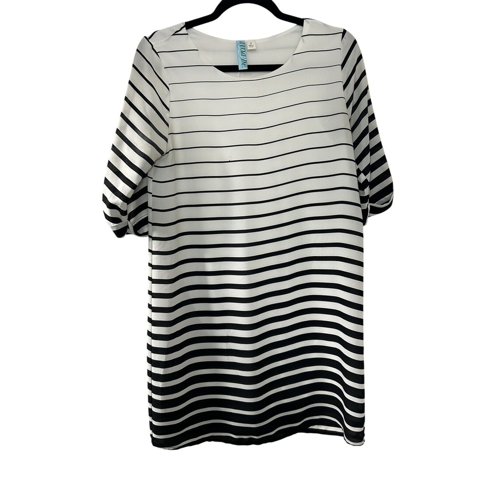 Anna-Be Womens Striped Roll Tab Sleeve Shift‎ Dress Tunic Black White Small USA